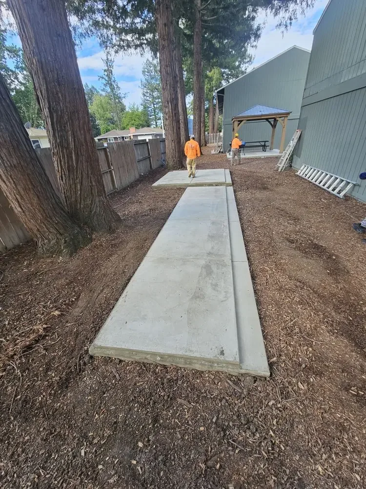 Long concrete walkway alongside a house